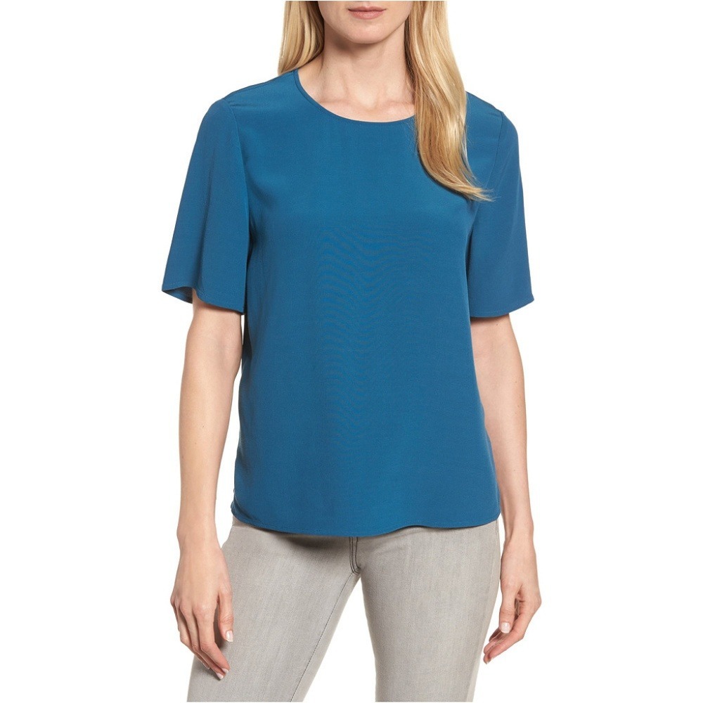Eileen Fisher Womens XXS Teal Blue Tencel Viscose Short Sleeve Boxy Top